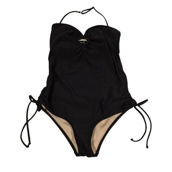 Vintage Y2K Alloy Swim M Swimsuit One Piece Black Open Back Halter - Picture 1 of 8